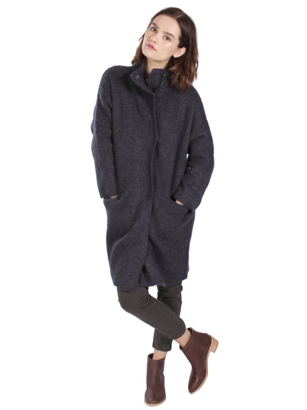 Rag & Bone Cammie Blue Knit Wool Zip-Up Mid Length Sweater Coat, Size L